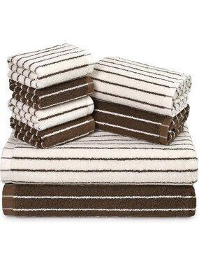 Luxurious 8-Piece Brown & Ivory Cotton Towel Set - Soft Striped Bath Towels